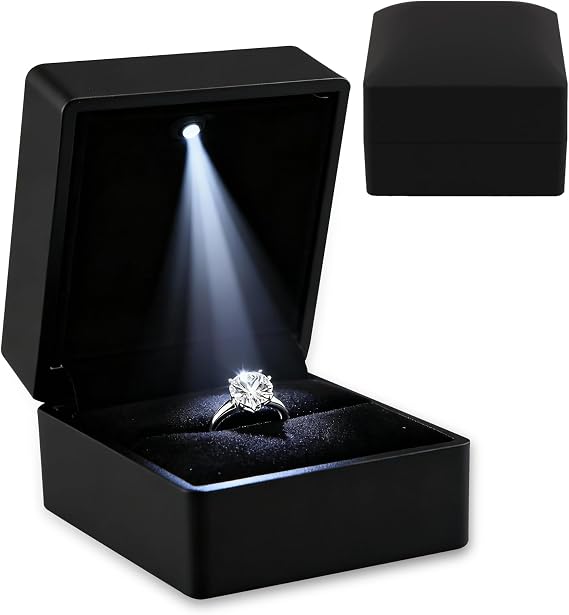 Ring Box with LED Light for Engagement, Black, Square Ring up to 2.3 cm