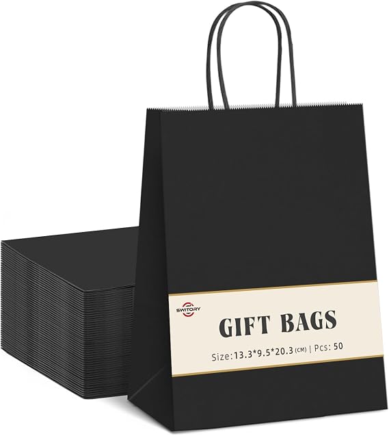 Switory Paper Bags with Handles 50pc,Black small gift bags 13.3x9.5x20.3cm
