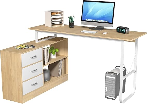 Computer Desk, L Shaped Desk, 140x100 cm Office Desk, Desks & Workstations with 3 Drawers and 2 Shelves, Reversible Large Storage Shelves, Bookshelf Workstation for Work Office 140cm
