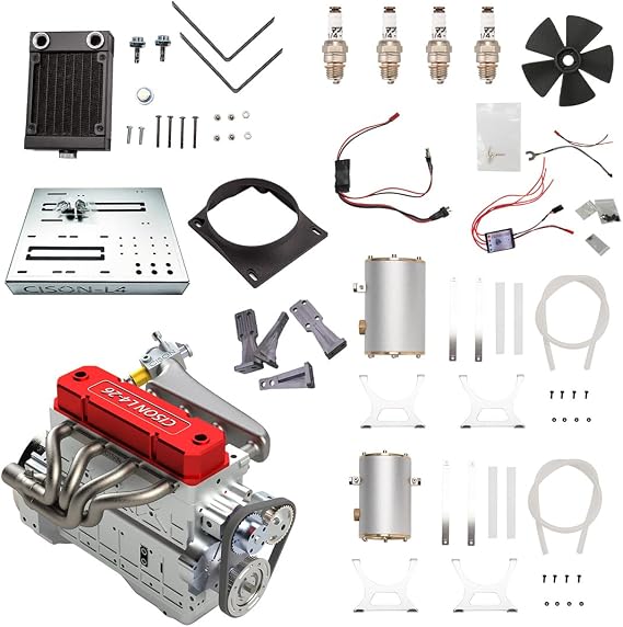 Brickaro L4 DIY Engine Kit, Miniature OHV Series 4 Cylinder 4-Stroke Water Cooling Motor Model for RC Car Collection (Kit Version)