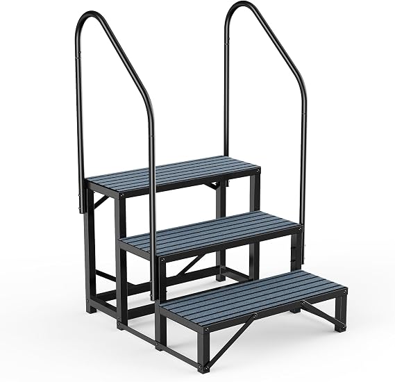 RV Spa Steps with Handrail - 3-Step Hot Tub Steps Mobile Home Ladder for 5th Wheel Trailer, Trailer, Hot Tub, Pool, Porch with Mats