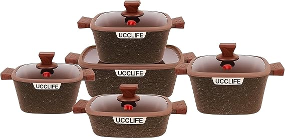 Kitchen Induction Cookware & Bakeware Set - 10 Piece Brown Granite Cooking Pots Set, Non-Stick Pots with Lids Scratch Safe