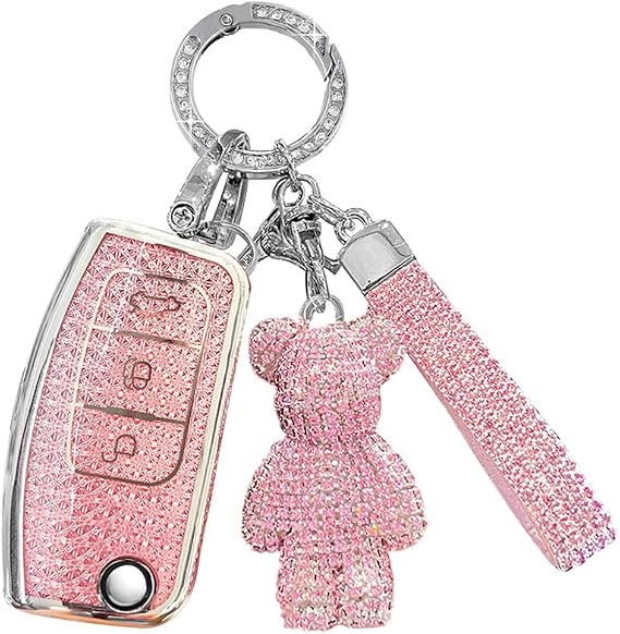 Car Key Cover Case Compatible with Ford Fiesta Focus Galaxy Kuga C-Max S-Max Mondeo MK4 Car Key Fob Case for Ford 3 Buttons Flip Folding Key with Keychain (Bling Pink)