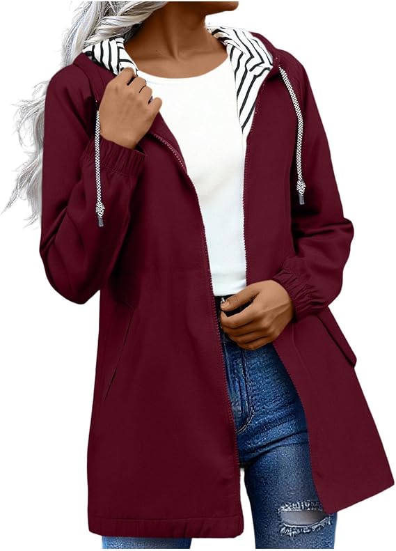 Waterproof Jacket Lightweight for Women Windbreaker Coat Long Sleeve Full Zip Raincoat Ladies Jackets Windbreaker with Hood Casual Rain Coat for Hiking Walking Cycling Outwear