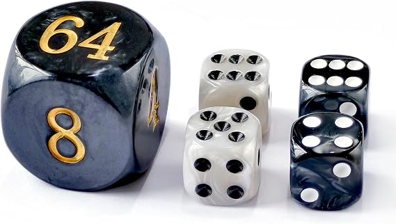 5pcs Set 30MM Backgammon Pearl Dice set - 30MM (1 3/16") Large Backgammon Doubling Cube Plus 4pcs 16MM Dice (Black/White Marbleized)