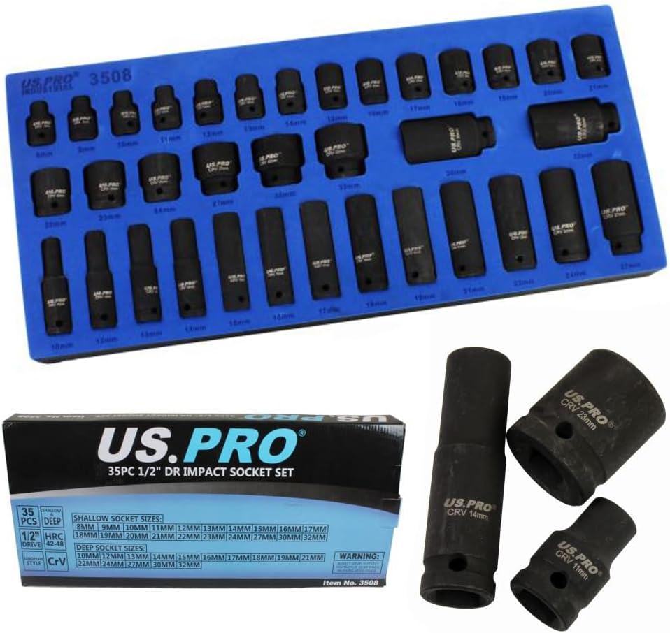 35pc 12'' Dr Impact Socket Set Deep Shallow EVA Foam Tray 8-32mm US Pro