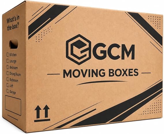 GCM - Large Strong Cardboard Moving Boxes with 47 Litres Carry Handles, 52cm x 30cm x 30cm, Heavy Duty Packing Boxes for Moving House and Storage, Large Removal Boxes (5 Pack)