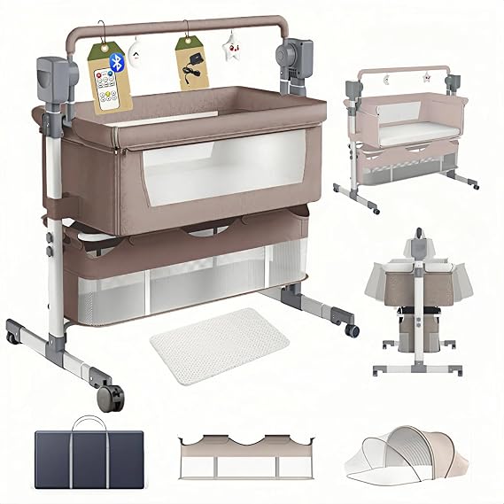 Electric Baby Crib Bluetooth Co-Sleeping Baby Bassinets, Convertible Baby Bedside Crib, Foldable Newborn Portable Cradle With Mattress and Bluetooth Music Speaker (Electric-BROWN)