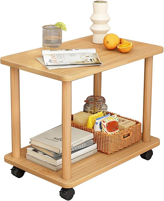 Rolling End Table with Wheels, 2-Tier 150lb Shelf, MDF Top Solid Wood Frame, Industrial Sofa/Coffee Table Wooden Color