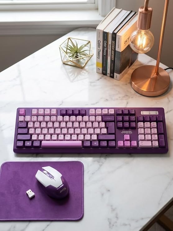 Kablosuz Mor-Pembe Klavye Mouse Seti + MousePad 2.4GHz Usb Alıcılı Sessiz Tuşlu