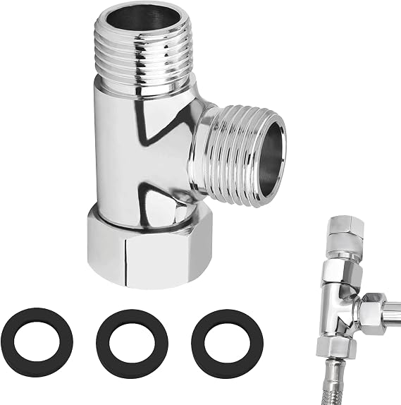 3 Way T Shape Adapter G1/2" Diverter Valve Brass T Adapter for Bidet Anti-Rust Shower Splitter Shower Diverter Valve Replacement with 3 Washers for Angle Valve Handheld Bidet Sprayer (Silver)