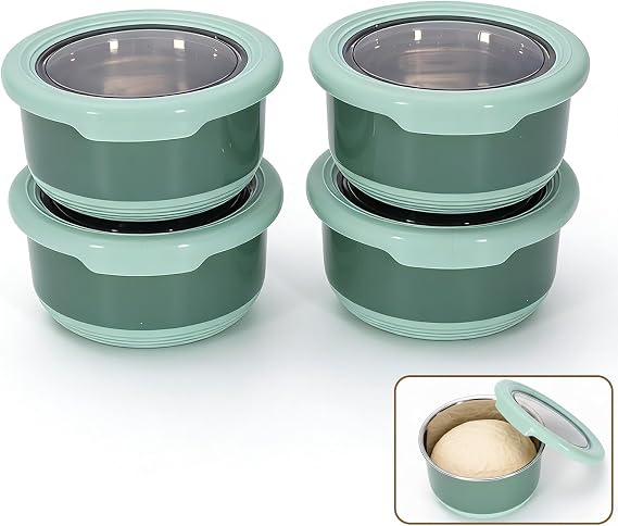 4 Pack Pizza Dough Proofing Box, 420ml Stainless Steel Bread Proofing Box with Transparent Lid, Bread Proofer for Kitchen, Reusable Pizza Making Accessories Fits in Domestic Fridges-Green