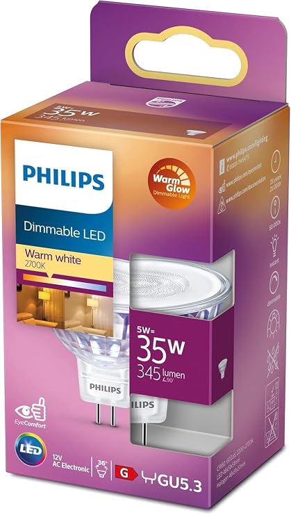 Philips LED Classic Spot Dimmable Indoor Light [GU5.3] 5W - 35W Equivalent. Warm Glow (2200-2700K) 77399100
