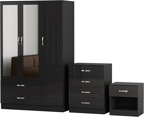 Nera 3 Door Wardrobe Set 3 Piece with Mirror Chest of Drawers Bedside Table for Bedroom Storage (High Gloss Black Door(Matt Black Carcass))