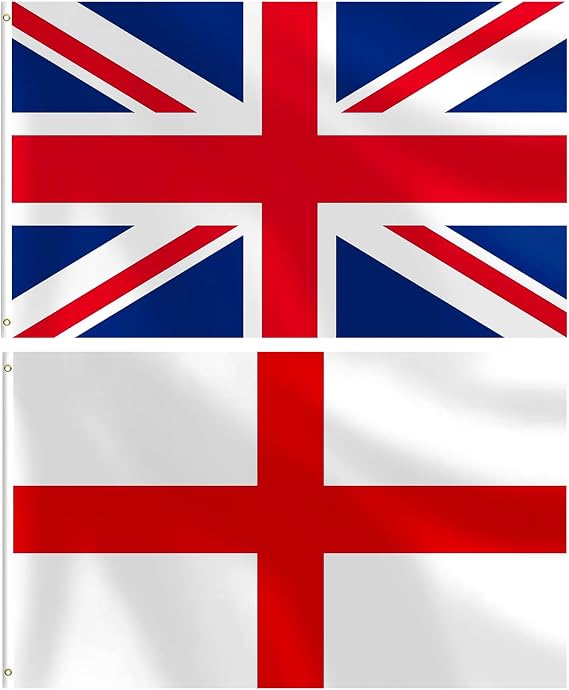 Union Jack Flags 5x3ft Pack of 2-1x British UK Flag & 1x England St George Flag, Polyester Fabric with Brass Eyelets, Indoor Outdoor Patriotic Displays, Celebrations & Sports Events