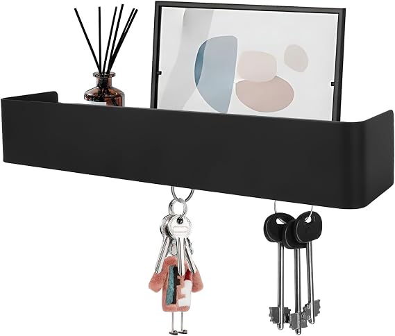 Key Holder with Shelf, Key Rack Black with 5 Hooks, Wall Key Holder for Hallway, Entrance, Wardrobe (30 x 7 x 5 cm)