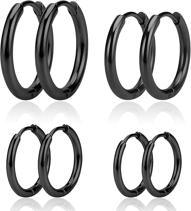 Black Earrings Titanium Hoop Earrings 4 Pairs Men Women 8mm-14mm