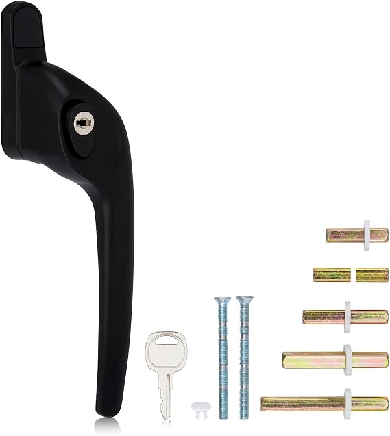 XFORT Cranked Locking Window Handle Installation Kit in Black, Right Hand UPVC Window Handle Replacement, Offset Lockable Window Lever