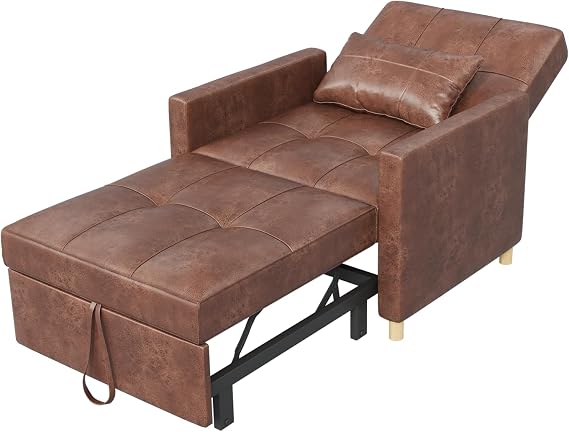 YODOLLA 3-in-1 Pull Out Sleeper Chair Bed 80cm Single Sofa Armchair, Brown