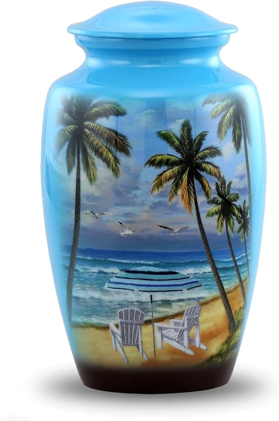 Paradise Beach 骨壷 - フルサイズ ビーチ火葬骨壺 - 大人用ヤシの木の骨壷 - オーシャンブルー 葬儀と記念骨壺 人間の遺灰用 最大200ポンド ベルベットバッグ付き Lサイズ