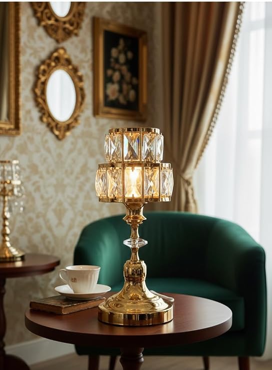 Modern Dekoratif Gold Metal Ayaklı Kristal Taşlı Kristal Konik Şapkalı Abajur Masa Lambası [Enerji Sınıfı A]