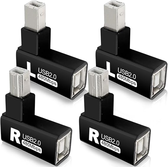4個 90度 USB 2.0 Type-B プリンターアダプター、USB 2.0 B オス - Type B メスプリンターアダプター プリンター、スキャナー、ファックス、モバイルHDDプリンターショート延長ケーブル左+右