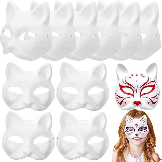 Cat Mask Kit, White Blank Cat Masks, Halloween DIY Hand-Painted White Pulp Mask, Half Face Masks for Cosplay, Gift for Boys Girls - 10PCS