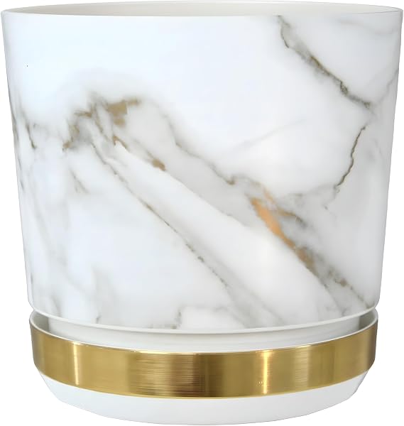 KORAD Marble Effect Large Matt Plastic White Plant Pot + Saucer Tray for All Indoor House Plants - Flower Planter Available in 7 Sizes (Marble DUO, 21 cm - 8.2 inches)