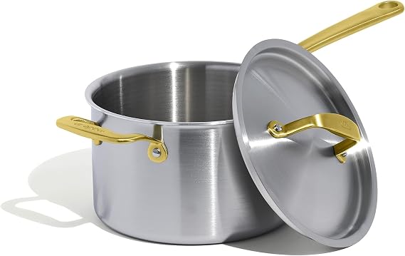 Made In Cookware - 4 Quart Stainless Steel Saucepan with Lid (Antique Brass Handle) - 5 Ply Stainless Clad - Professional Cookware - Crafted in Italy - Induction Compatible
