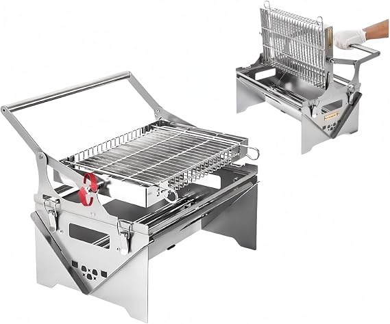 Flip Up Barbecue Stove, 180° Rotation x 2 Sides, Camping Grill, Bonfire Stand, Lightweight Stainless Steel, Durable, Outdoor Balcony, Camping, Charcoal Barbecue, Picnic, Portable 1 Piece A