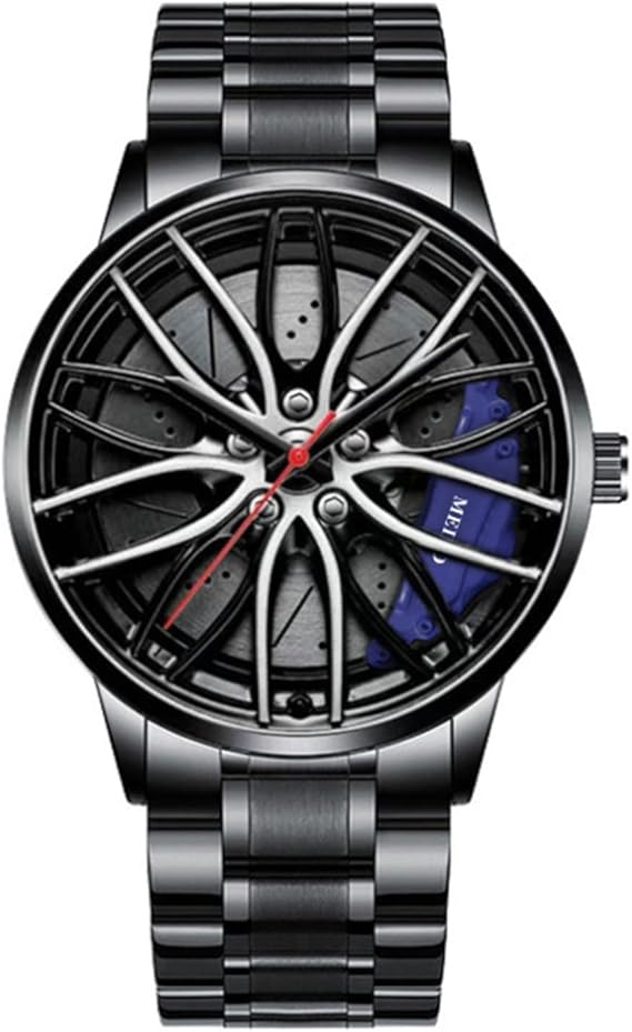 Singular-Point Men's Car Watch, Water Resistant Stainless Steel Automatic Quartz Movement Watch with Wheel Rim Hub Design Men's Wheel Non-Mechanical Watch
