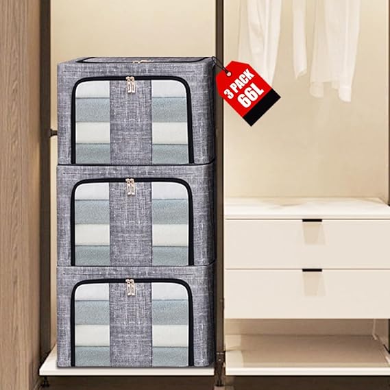 Clothes Storage Boxes 3PCS 66L, Folding Storage Bag Fabric Steel Frame, Closet Organizer with Opening Zips & 3 Clear Windows for Storing Bedding,Blankets