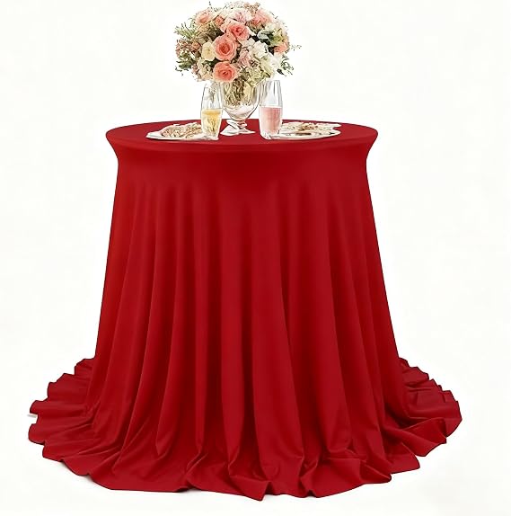Round Stretch Tablecloth, with Desk Skirt, Fitted Elastic Cocktail Table Covers, for High Top Bar, Party, Wedding, Banquet(Red,Small)