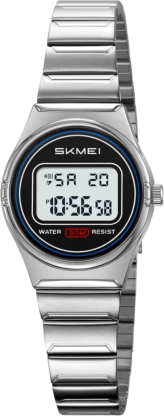 SKMEI エレガントなレディースデジタル腕時計 防水 ファッション レディース ステンレススチール LEDライトアラーム付き, シルバー。, Women Model