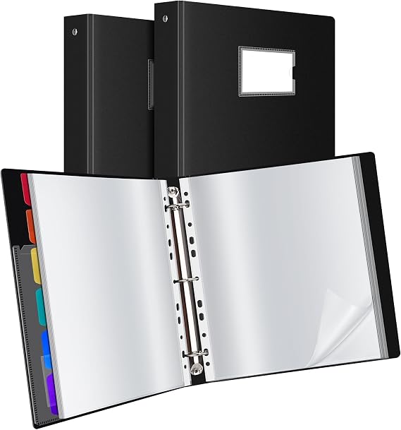 Uquelic 2 Pack Presentation Ring Binder, A4 Display Folder with 80 Punched Pockets and 6 Colorful PP Divider Pages, Folder File Plastic Sleeves for Documents, Certificates, Receipts, Black