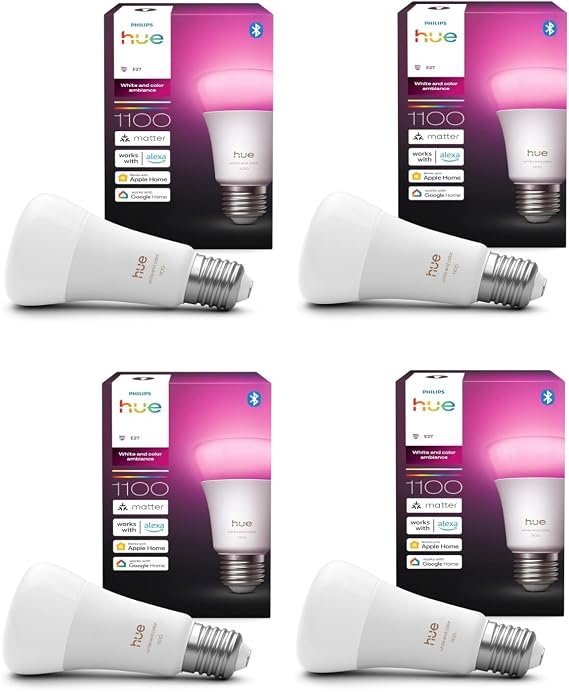 Philips Hue Bundle – 4X White & Color Ambiance 1100 A60 E27 Smart Bulbs | Dimmable LED, 16M Colors, App & Voice Control, Works with Alexa, Google Home & Apple HomeKit