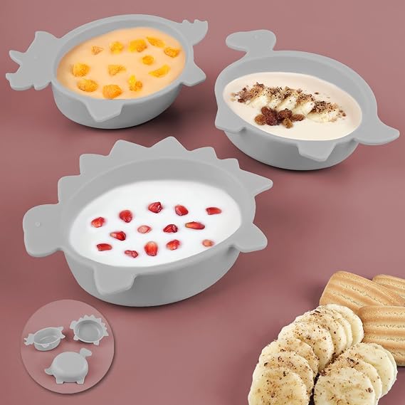 Meleni Baby 3'lü Hayvan Figürlü Silikon Bebek Mama Kasesi Seti - Şekilli Bebek Beslenme Kasesi Gri