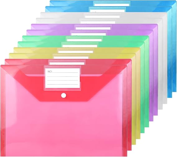 Plastic Wallets A4 - Plastic Folders with Label Pocket Popper Wallets Plastic Document File Folders - 12PCS
