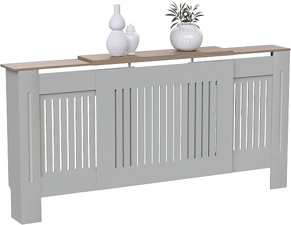Vida Designs Arlington Radiator Cover | Olive Grey | Adjustable | H 83 x W 140-204 x D 19cm | Modern Shaker Style Vertical Slats for Heat Circulation | Painted MDF Cabinet for Living Room & Hallway