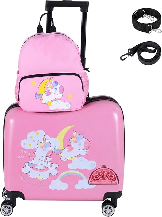 COSTWAY 2PCS Kids Luggage Set, Children Backpack and Ride-on Suitcase with Footrest, Anti-Lose Rope, Travel School Trolley Hardshell Case for Boys Girls (Unicorn, 28cm Backpack + 33cm Suitcase)