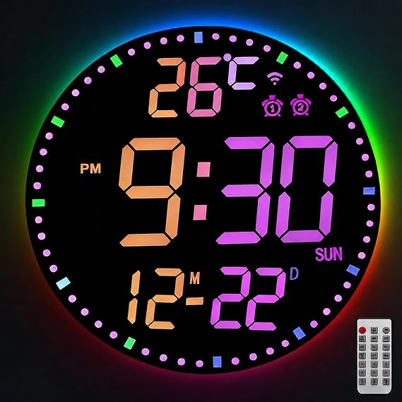 Digital Wall Clock 12 Inch Large RGB Black Case Digital Wall Clock