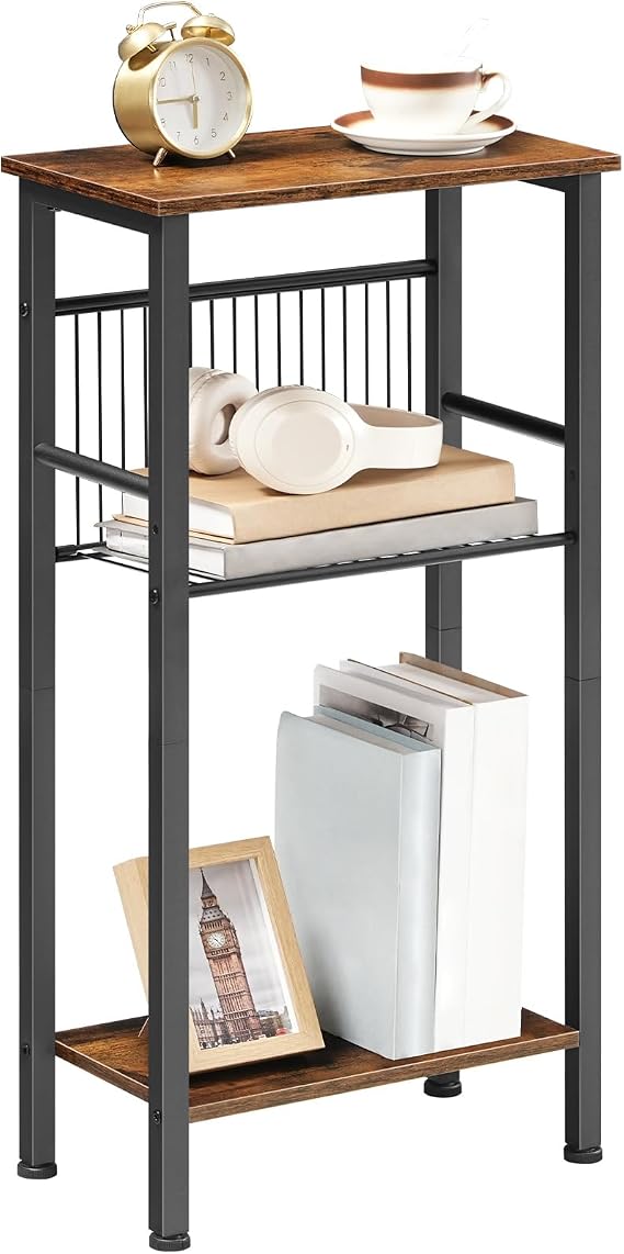 HOOBRO 3-Tier Slim Console Table with Adjustable Mesh Shelf, Slim Hallway Table with Adjustable Feet, Small Console Table for Hallway, Living Room, Sofa, Rustic Brown and Black, EBF41XG01