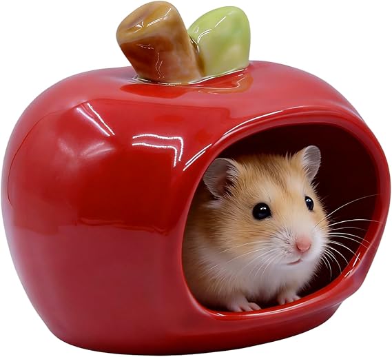 Ceramic Hamster Hideout, Apple Shape Cute Cooling Cave, Small Pet Habitat House, Non-Toxic Glazed Nest For Dwarf Hamsters Gerbil Golden Bear(Red)