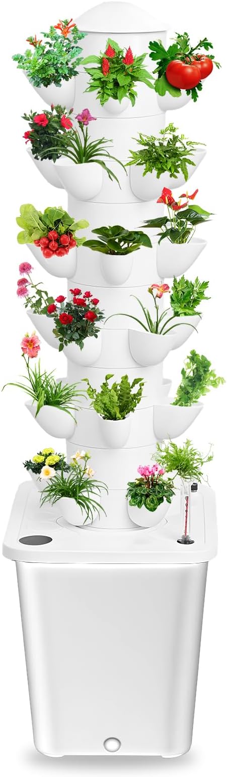 Hydroponics Growing System, 6 Tier Hydroponic Planting Tower, with 10L Water Tank, Indoor Soilless Cultivation System, Efficient Home Gardening for Herbs, Fruits, Indoor Gardening Kit (White)