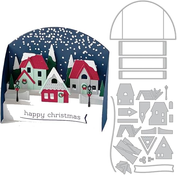 3D Box Xmas Trees Houses Home Christmas Dies for Card Making DIY Scrapbooking Beautiful Warm Christmas Scence Metal Cutting Dies for Paper Crafting Arts Supplies Die Cuts Punch Template Moulds