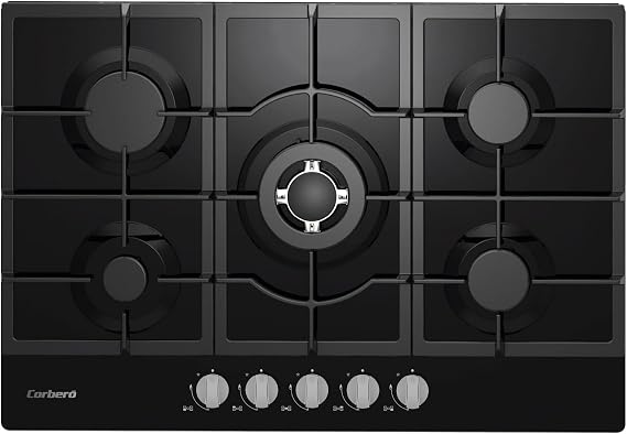 Corberó – Glass Gas Plate LUX 75 cm | CPCGM5F5026N | 8.5 kW | 5 Zones | Wok Zone | Auto Ignition | Clean+ Protection Layer | Automatic Shut-off | Black