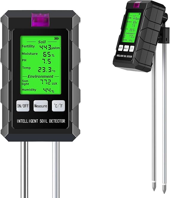 LDOPTO 6-in-1 Soil Moisture Meter Digital Plant Temperature/Soil Moisture/PH Meter/Sunlight Intensity Backlight LCD Display Soil Test Meter for Gardening, Farming and Outdoor Plants