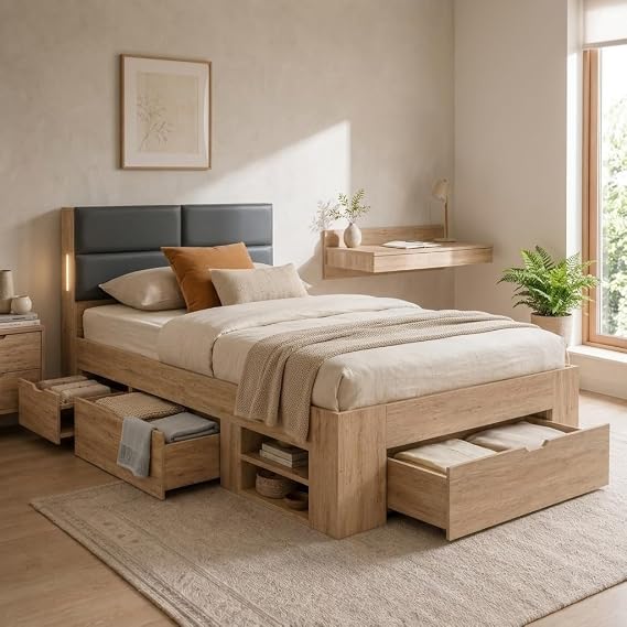 Merax 3FT Storage Bed 90 x 190 cm with Drawers，Shelves & LED Oak Effect