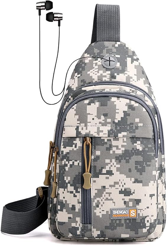 Men's Waterproof Sling Bag Chest Shoulder Backpack Crossbody Bag Daypack with Earphone Hole for Travel, Hiking,Cycling (ACU Camouflage)