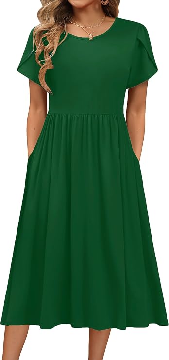 HOTOUCH Women Dresses Elegant Summer Midi Dress Short Sleeve Round Neck Tunic Dress Casual A Line Dresses with Pockets S-XXL